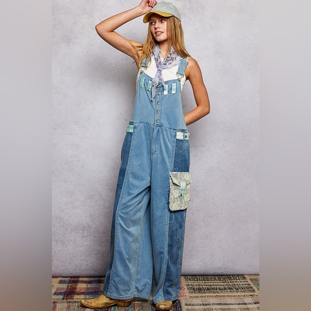 POL Printed Patchwork Denim Overalls - Picture 2 of 6